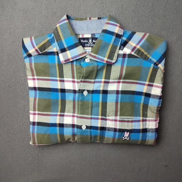 Psycho Bunny Shirt Mens Small Blue Green Plaid Flannel Button Down Pima Cotton - Picture 1 of 13